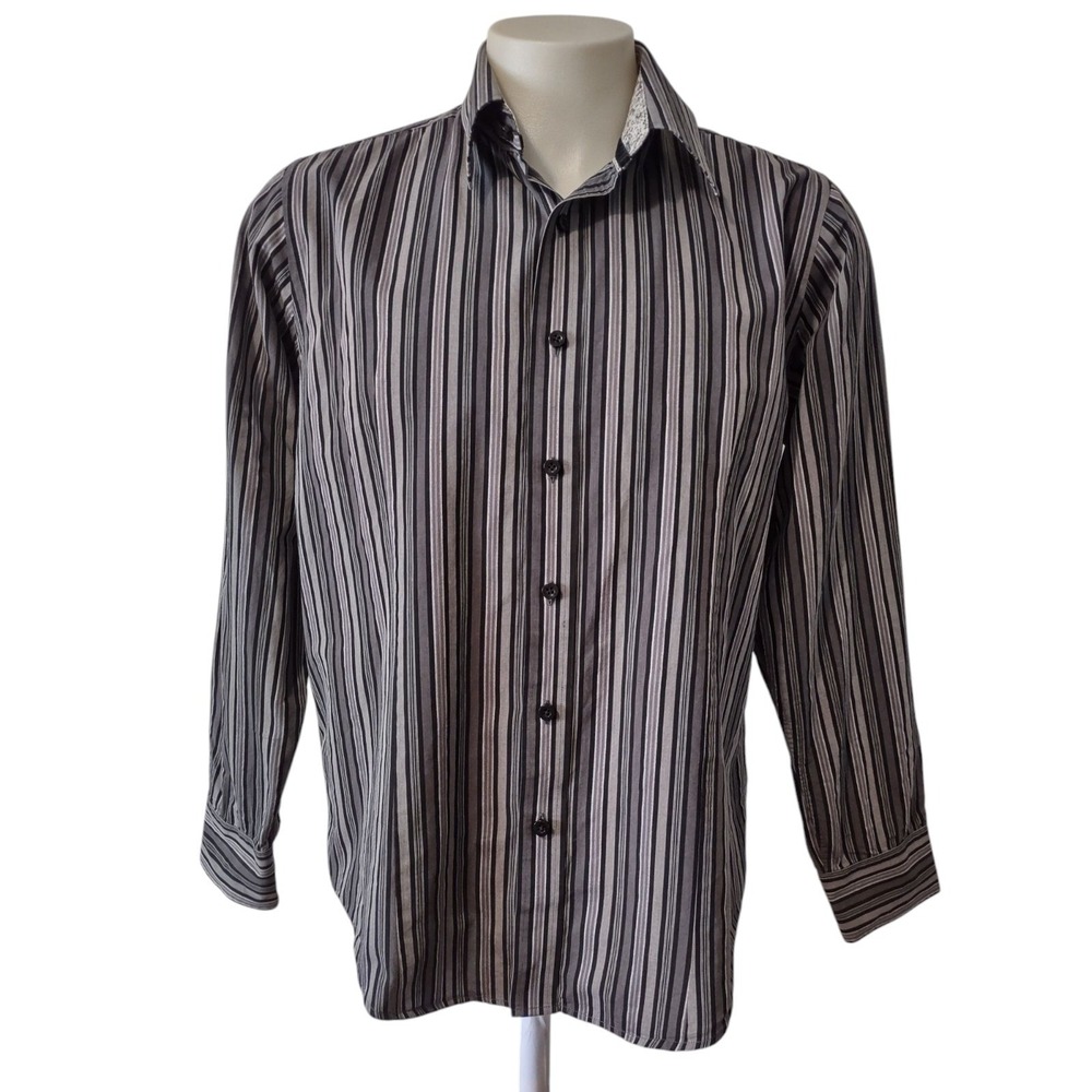 Button Down Shirt 7 Diamonds Grey Black Stripe XL Men Long Sleeve Streetwear Y2K